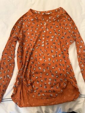 Lucky Brand Rust Orange Floral Henley Long-Sleeve Top